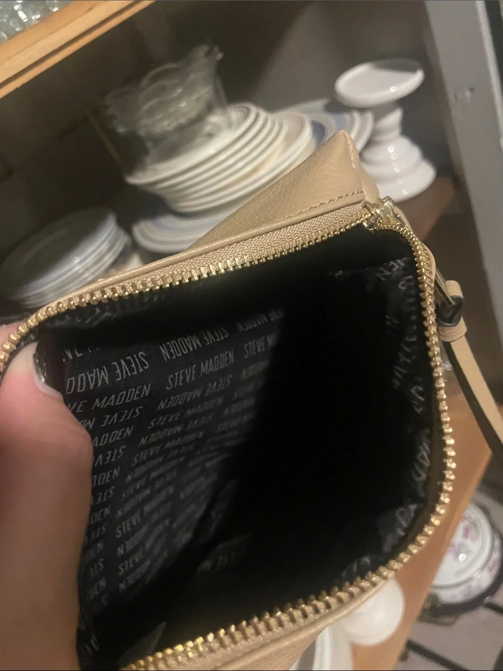 Steve Madden Beige Pebbled Leather Cosmetic Pouch with Gold Zip